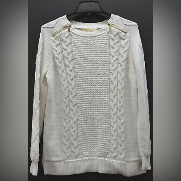 🔲MICHAEL Michael Kors Grey Cable Knit Cotton Blend Sweater (w/Shoulder Zippers - Picture 2 of 9